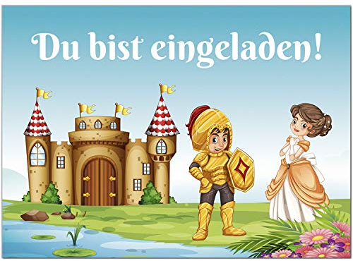 8 Einladungskarten Kindergeburtstag mit Umschlägen, Ritter Burg Prinzessin, Karte Geburtstag Einladung zum Ausfüllen