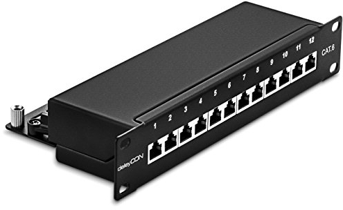 deleyCON CAT 6 Patchpanel Verteilerfeld 12 Port - Desktop 10 Zoll Rackeinbau Servermontage - RJ45 - Geschirmt - TIA568A TIA568B Schwarz