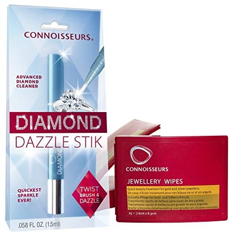 Connoisseurs Jewellery Cleaning Kit | Silver, Gold, Platinum & Diamond Cleaner | Diamond Dazzle Stik & 25 Cleaning Wipes | Shine, Protect & Clean