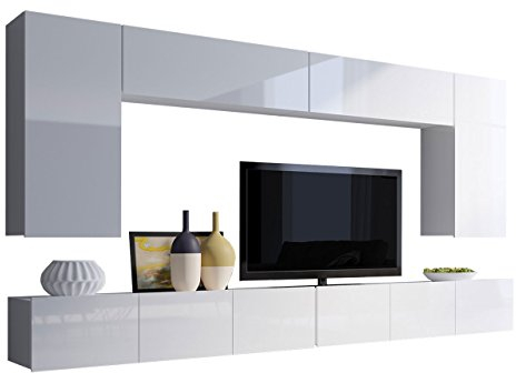 Moderne Wohnwand Calabrini XIII, Anbauwand, Mediawand, Hängeschrank, TV Lowboard, Wandregal, Fernsehschrank, Wohnzimmerschrank (Weiß/Weiß Hochglanz)