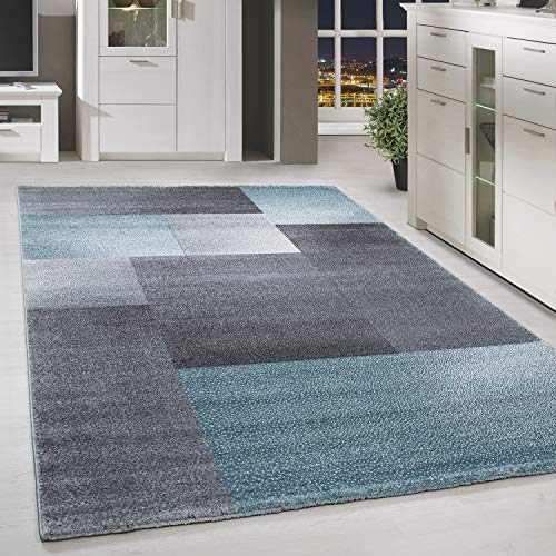HomebyHome Teppich Wohnzimmer 120x170 cm Grau und Blau Kariert Design - Schlafzimmer Teppich Kurzflor Extra Weich Pflegeleicht Teppiche Waschbar für Küche Esszimmer - Carpet Living Room