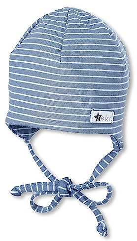 Sterntaler OCS Beanie Baby Mütze mit Bindeband, gestreifter Bio-Singlejersey, Unisex, samtblau, Größe 39, weich gefüttert, aus 95 % Bio-Baumwolle, GOTS-Zertifiziert