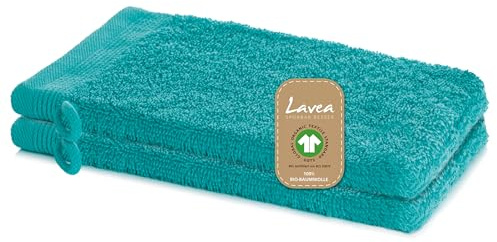 Lavea® 2er Set Waschhandschuh 16x22 cm – Ozeanblau | 100% Baumwolle, weicher Frottee Waschlappen, saugstark, hautfreundlich, waschbar und strapazierfähig – Frottierserie Bali