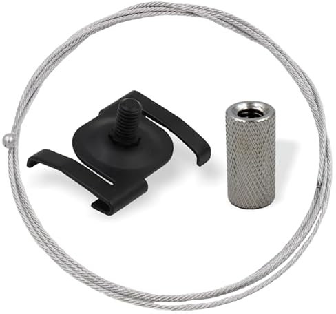 Abhängeset mit Deckenclip, Rasterdecken Clip, Klammern für Odenwalddecke ohne Drahtseilhalter/Gripper | Deckenbefestiger, Schraubkappe, Deckenclip, Drahtseil Ø1,5mm (1500mm, Schwarz)