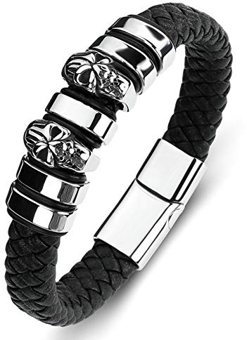 Beydodo Lederarmband 16.5CM Schwarz, Armband Charms Jungen Herren Totenkopf Armband Leder mit Magnetverschluss