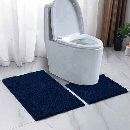 EDS Chenille Bath Mats - 1 Thick Non Slip Set for Bathtub, Shower & Bathroom Rug - Highly Water Absorbent - Shaggy Microfiber - Navy Blue