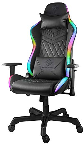DELTACO GAMING Silla Gamer Chair – Silla de Videojuegos con reposabrazos Respaldo y cojín, Silla de Oficina ergonómica, Resistente, Silla Gaming, iluminación RGB, Piel sintética, 120 kg, Color Negro