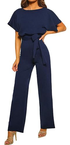 Coloody Damen Lang Jumpsuit Overall Hosenanzug Elegant Romper Kurzarm Rundhals Playsuit mit Gürtel Hosenanzug Breite Weites Bein Overall