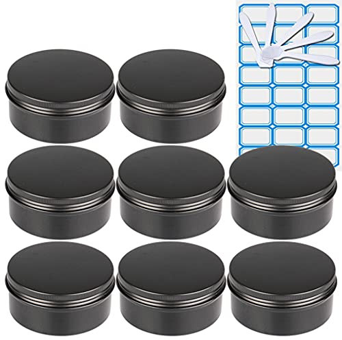 ZEOABSY 20 Pièces 150ml Pots en Aluminium Vide Rond Noir Mat Petit Cosmétiques Pot Conteneurs for Fait Main Bougies Crème Baume Voyage, 5X Spatule, 1x Étiquettes
