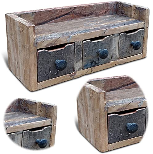 LS-LebenStil Vintage Küchenregal Unika - Fundholz Recycelt - Factory Braun - 35x15cm - 3 Schubladen - Hängend/Freistehend - Ablagefläche Wandboard Organizer Kommode Schubladenregal Schubladenbox