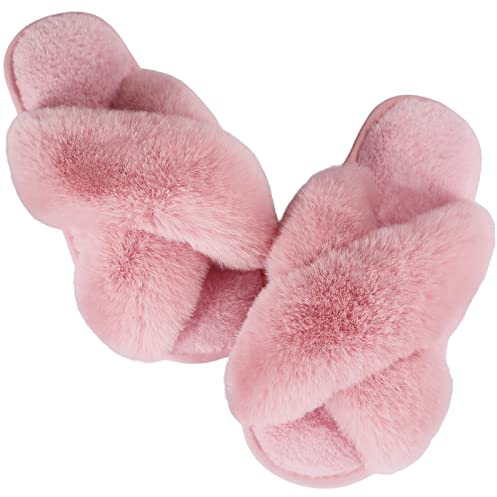 Ankis Hausschuhe Damen Plüsch mit Kreuzband Warme Pantoffeln, Memory-Schaum und Offene Zehenpartie Flauschige Hausschuhe Damen für Drinnen und Draußen (Rosa - 38/39 EU)