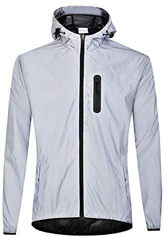 Agolu Reflektierend Fahrradjacke mit Kapuze, Wasserdicht Atmungsaktiv Damen Herren Unisex Winddicht Radjacke Fahrrad Regenjacke Windjacke, Jacke für Radfahren Laufen Wandern, Silber XXXL