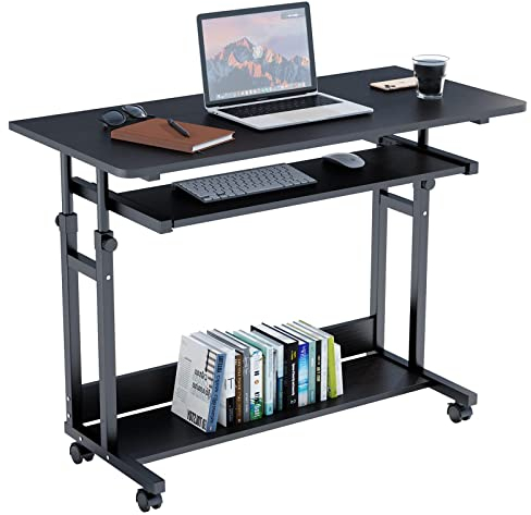 Dripex Computer Desk Mobile, Portable Office Desk with Movable Wheels, Height Adjustable Study Desk, Home Office Desk with Keyboard Tray and Shelf for Small Spaces (Black)