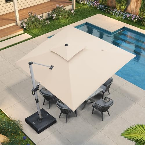 PURPLE LEAF Ombrellone 2.7x3.3 m Rettangolare, Ombrelloni da Esterno in Alluminio, 6 Posizioni Regolazioni, Tetto doppio Rotazione a 360°, Ombrellone a Braccio Protezione UV, Per Caffè, Cachi