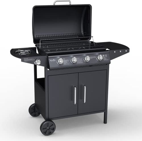 BillyOh Matrix Gas BBQ Grill 4 Burner + Side Burner Stainless Steel Gas Barbecue with Side Table Shelves and Storage Outdoor Garden Camping Portable BBQ