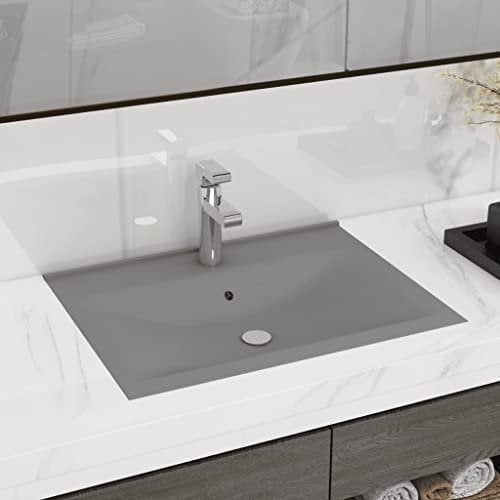 HOMIUSE Luxus-Waschbecken mit Hahnloch Matt-Hellgrau 60x46 CM Premium-Keramik Waschbecken Waschtisch Aufsatzwaschbecken Badunterschrank Waschbecken GäSte Wc Flaches Rechteck Einbau-oder