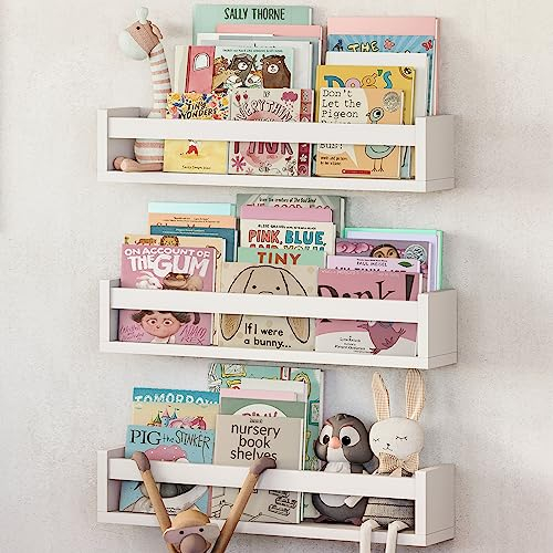 NATURE SUPPLIES Set mit 3 weißen Kinderzimmerregalen 58 cm, Massivholz, ideal für Bücher, Spielzeug und Dekoration, Wand-Bücherregal für Kinderzimmer, Kinder-Bücherregal Kinderzimmer
