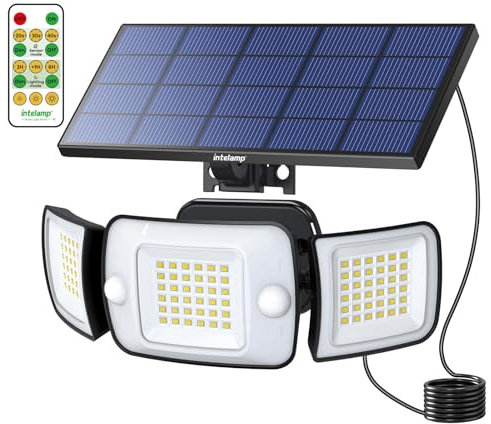 INTELAMP Faretto Led da Esterno Solare 6000mAh Faretti Solari 1200LM 6500K Faro Led Esterno Con Pannello Luci da Esterni Giardino Solari Luce con Sensore di Movimento,Impermeabile, cavo da 2,7M