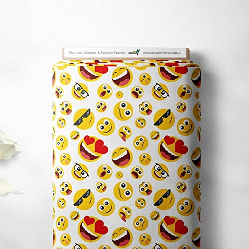 100% Cotton Smiley Faces Emoji Novelty Printed Design Quilting Kids Craft Dress Quality Sewing Premium Fabric Material | 55 - 140 cm Wide (per Metre, Emoji)