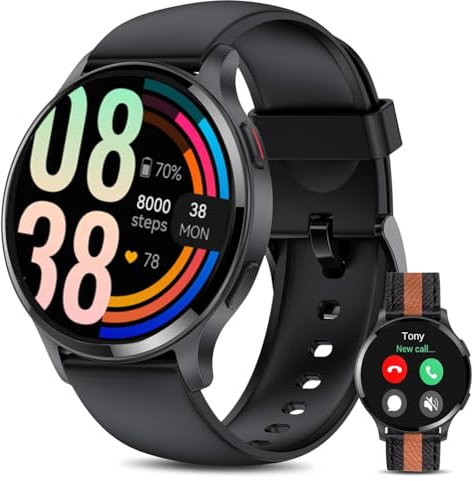 HOAIYO Smartwatch Herren Damen mit Telefonfunktion, 1.5 Fitnessuhr Armbanduhren Sportuhr mit Pulsmesser, Musiksteuerung, Schrittzähler, Kalorien, Wasserdicht Fitness Tracker (C2/Leder, 1.5)