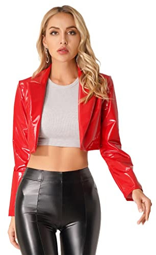 Nyeemya Damen Wetlook Blazer Open Front Anzugjacke Reverskragen Lack Leder Jacke Kurz Mantel Punk Gothic Outfits Rot XL