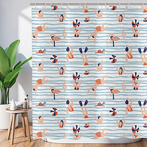 ASDCXZ Rideau de Douche d'été 90x180 cm, été drôle Hommes Femmes Polyvalent Natation Bleu Blanc Lavables Textile Rideau imperméable pour Baignoire avec 6 Crochets
