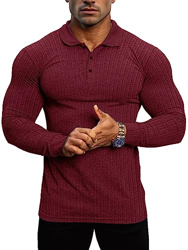 Lehmanlin Men's Stretch Muscle Shirts Long-Short Sleeve Cotton T- Shirts Slim Fit Polo Shirt