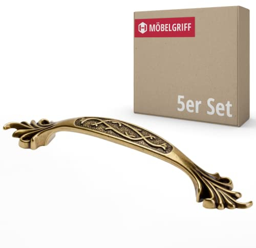 Gedotec Möbelgriffe aus Metall | 5 Stück Schrankgriffe - Messing antik inkl. Befestigungsmaterial | JOSEF | BA: 96 mm | Türgriffe für Schränke Griffe für Küchenschränke Griffe Möbel Küchengriffe