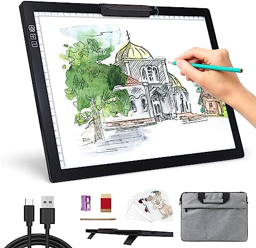 Leuchttisch A4 Light Pad - Diamond Painting Zubehör Leuchtplatte, Tragbares Wiederaufladbare Batteriebetriebene Lichtpad mit Tasche, Stufenlos Dimmbar 6 Helligkeitsstufen Leuchttisch für Zeichnen