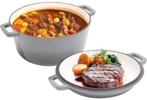 2 in 1 Enameled Cast Iron Dutch Oven Pot 6QT with 2QT Lid - Big Dual Handles - Oven Safe up to 500°F - Classic Round Pot for Versatile Cooking Grey