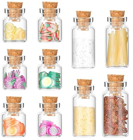 Puppenhaus Zubehör, Wichtel Zubehör Miniatur Gewürzglas 4 Stück und Glasfläschchen Frucht-Scheiben 6 Stück Puppenhaus Küche Zubehör
