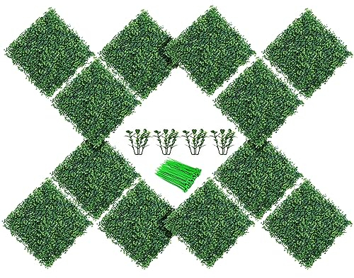 Künstliche Gras-Wandpaneele, 25,4 x 25,4 cm, Buchsbaum-Hecken-Wandpaneele mit 100 Kabelbändern, Buchsbaum-Hintergrund für Innen- und Außenbereich, dekorative Zäune, Sichtschutzhecke, 12 Stück