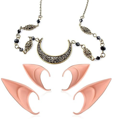 PSOWQ Elfen Ohren Damen Cosplay Fairy Elf Ohr Ears Retro Kristall Tiara Halloween Mond Kopf Kette Elf Ears Kopfschmuck Haarband Weich Elfenohren Schmuck Elfen Ohren Kostüm Damen Weihnachtself
