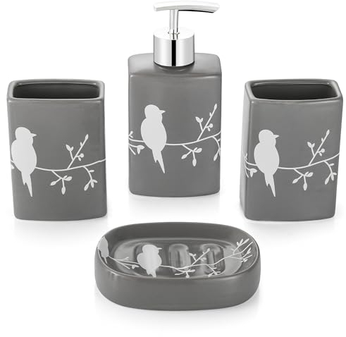 GERUIKE Juego de Accesorios Baño Cerámica 4 Piezas, con Dispensador Jabon Baño, Jabonera Baño, Vaso para Cepillos de Dientes, Pájaro Gris Conjunto Baño Accesorios