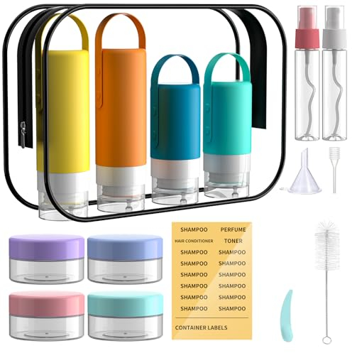 Tapsin Botellas de Viaje, 19 Pack Botes Viaje Silicona 3oz Prueba de Fugas Rellenables 100ml/85ml TSA Approved Para Champús Lociones y Artículos de Tocador, FDA Certified BPA Free