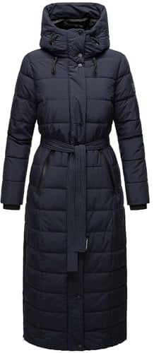 Navahoo Damen Wintermantel Warmer Steppmantel lang mit Kapuze und Taillengürtel Das Teil XIV Navy Gr. XL