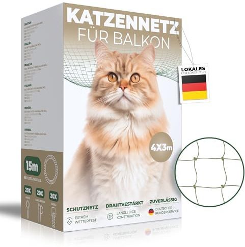 WOOWOOD Katzennetz für Balkon [Ohne Bohren] - Katzennetz Drahtverstärkt - Katzenschutznetz Wetterfest & UV-beständig - Katzengitter Inkl. 20 Kabelbinder & Dübel - Katzennetz Balkon und Fenster (4X3m)