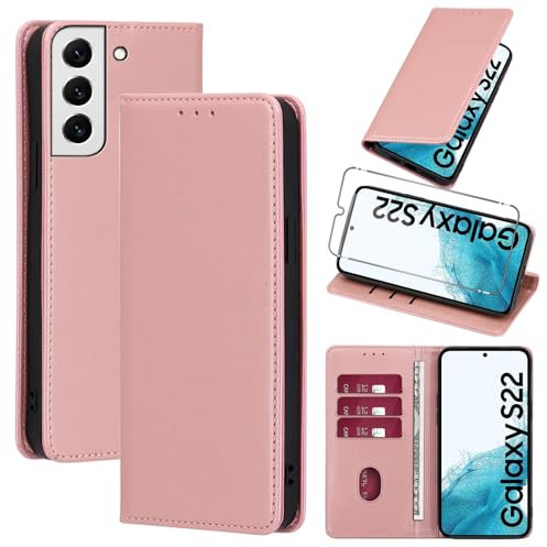 Vauki Cover per 𝐒𝐚𝐦𝐬𝐮𝐧𝐠 𝐆𝐚𝐥𝐚𝐱𝐲 𝐒𝟐𝟐 𝟓𝐆 con 1 Vetro Temperato Custodia in Pelle PU Slot Schede Flip TPU Silicone Case Supporto Stand Magnetica Antiurto Caso 6.1, Rose-Gold