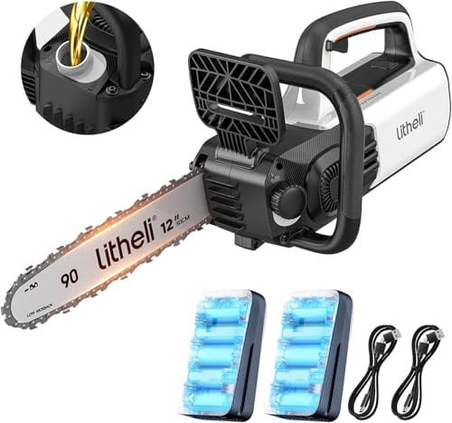 Litheli Akku Kettensäge Schnurlos, Handkettensäge mit bürstenlosem Motor, 30cm Sägeblatt, 8m/s Kettengeschwindigkeit, automatisches Schmiersystem, werkzeuglose Einstellung, inkl. 2 Stück 2,0Ah Akkus