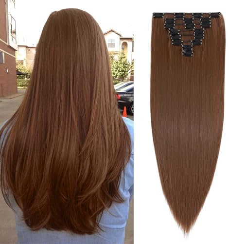 SEGOHAIR Hair Extensions Clip in 8Pcs 18 Clips Synthetic Fiber Seamless 23 Long Straight Full Head - Light Auburn