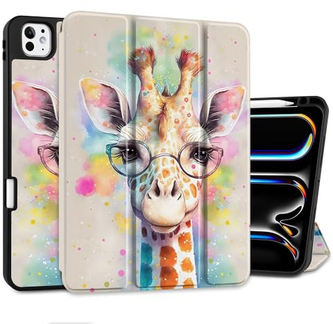 MEEgoodo Hülle für M4 iPad Pro 11 Zoll Hülle 2024, Tablet Cover mit dreifach faltbarem Ständer & Stifthalter & Auto Wake/Sleep & Soft TPU Back Cover, Giraffe