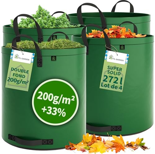 TTL GARDEN 4x 272L SUPER SOLID Gartensack grün - DOPPELTER BODEN 2x200 gsm | Extra stabil & reißfest selbststehend 4 Griffe groß robust 4er Set Laubsack, Abfallsack für Gras, Laub, Hecke, Gartenabfall