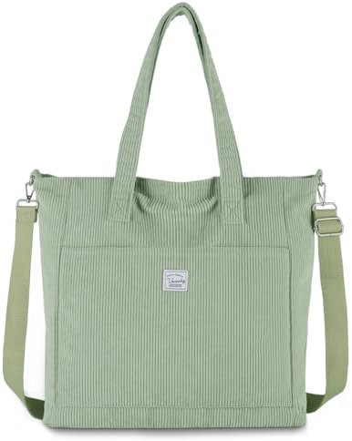 VASCHY Borsa Mare,Tote Bag Borsa Donna Grande Borsa Università Donna Velluto a Coste Borsa da Viaggio/Shopping/Lavoro/Ufficio/Scuola Verde Chiaro Regalo
