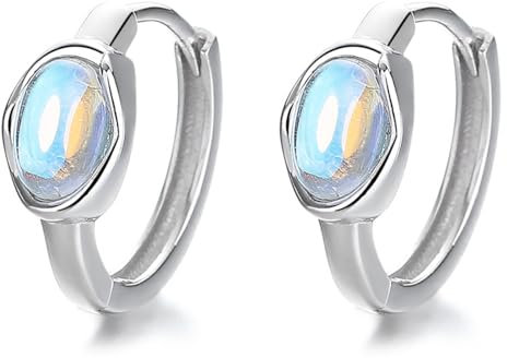 IMINI Kleine Mondstein Creolen Ohrringe für Damen Mädchen 925 Sterling Silber CZ Kristall Runde Huggie Ohrringe Aufklappbare Creolen Knorpelohrringe Hypoallergener Ohrschmuck (Silber)