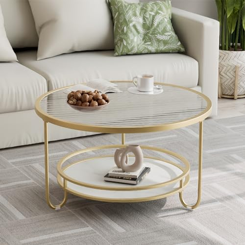 Mesa de centro redonda industrial con parte superior de cristal y estantes de almacenamiento, mesa de centro circular de 2 niveles con marco de metal para sala de estar, dormitorio, balcón