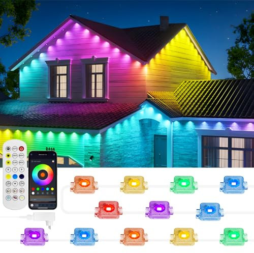 Lumières Permanentes D'extérieur, Lumières D'avant Toit Intelligentes RGBICW avec Mode Sscène, 30M avec 60 LEDs Guirlandes lumineuses étanches pour les Décorations D'extérieur, Halloween, Noël, Fête