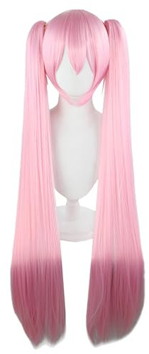 bi bi hou Sakura Miku Cosplay Perücke Gerade Lange Doppelte Pferdeschwanz Anime Verkleidung Miku Wig Pink Halloween Karneval Party Cosplay Kostüm Zubehör Perücke 110cm Lang Zöpfen Rosa