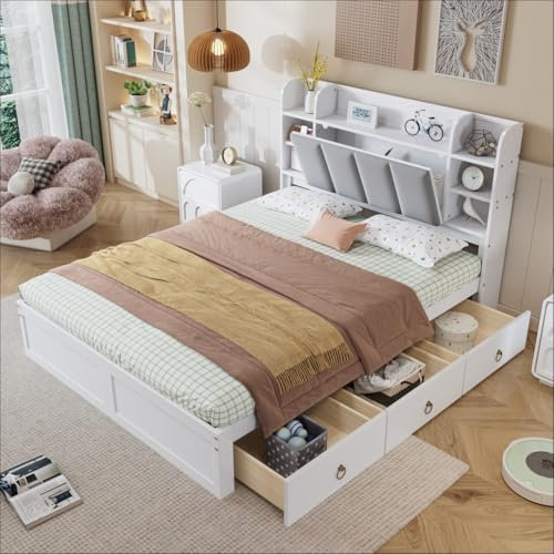 Gegtuon Doppelbett Holzbett 140x200 cm, Bett mit Stauraum Kopfteil und 3 Schubladen, Jugendbett Bettrahmen mit Bettgestell und Lattenrost aus Holz für Schlafzimmer, Samt, ohne Matratze, Weiß + Grau