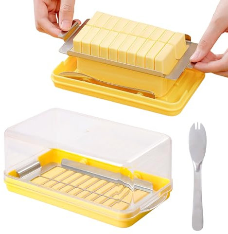 Plastic Butter Dish with Lid Butter Cutter, EASYLOCK Butter Container with Fork for 454g, Divide into 20 Equal Portions, Cheese Storage (Yellow)
