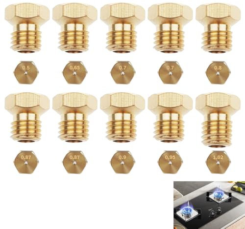 10Pcs Gicleur gaz Butane Universels[0.5-0.65-0.7-0.7- 0.80-0.87-0.87-0.90-0.95-1.02], Jeu de Conversion pour GPL, Injecteur de Gaz Gicleur Bouteille Kit de Conversion, Gicleur de propane et de butane